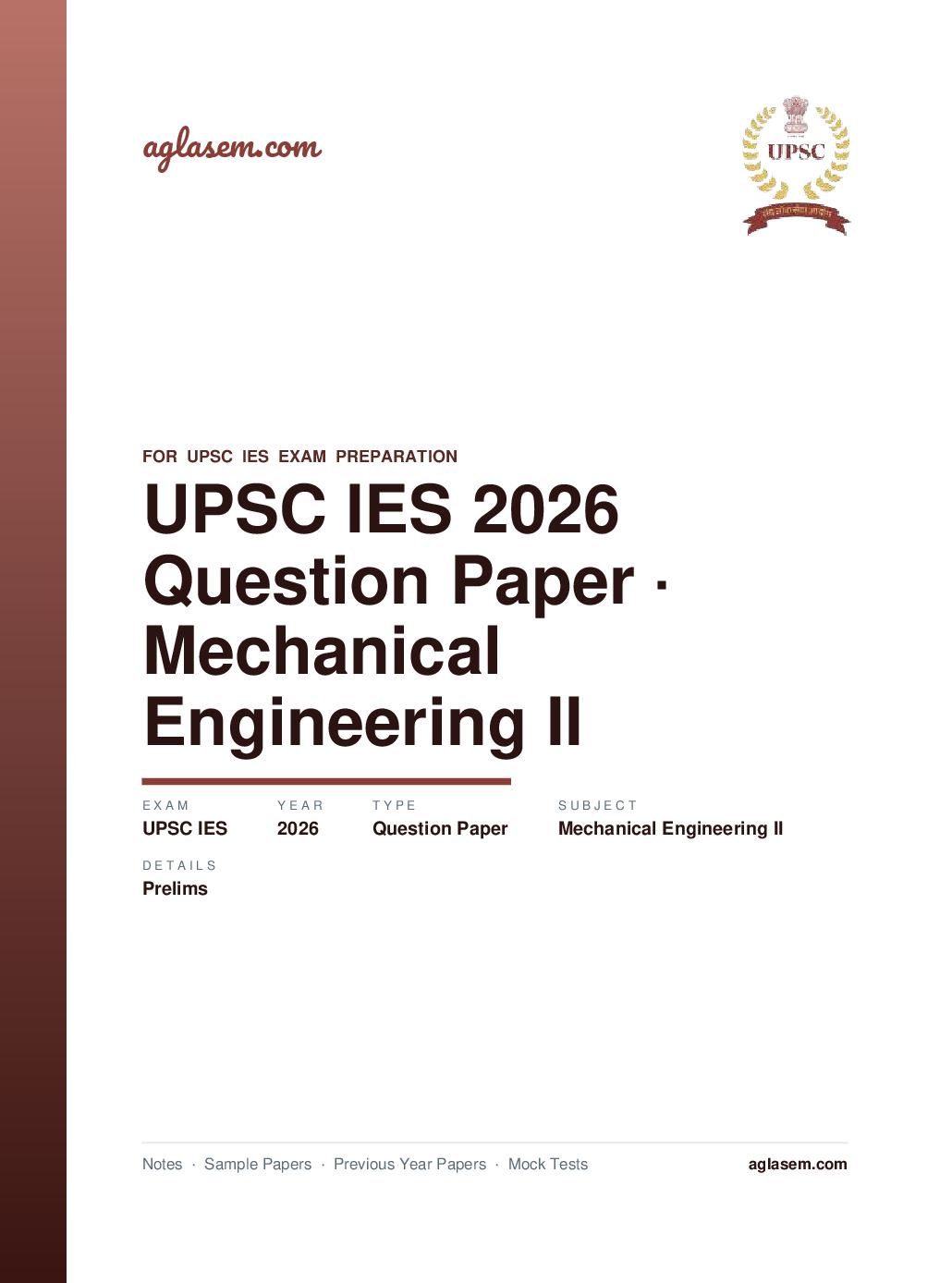 UPSC IES 2026 (Prelims) Question Paper for Mechanical Engineering II - Page 1 of 33