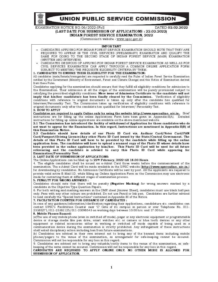 UPSC IFS 2022 Notification - Page 1