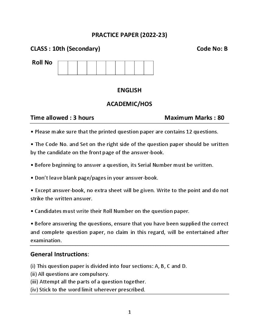 HBSE Class 10 Sample Paper 2023 English Set B - Page 1