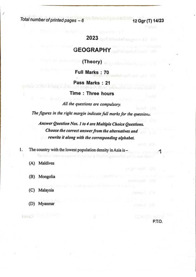 Manipur Board Class 12 Question Paper 2023 for Geography - Page 1