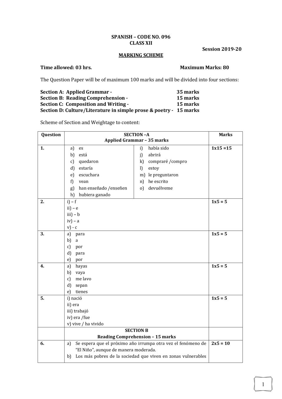 CBSE Class 12 Marking Scheme 2020 for Spanish - Page 1