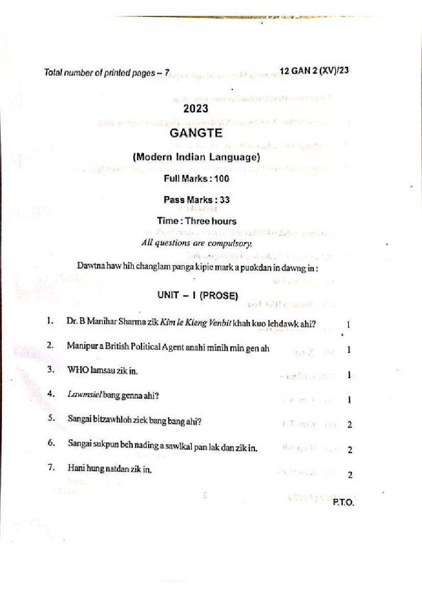 Manipur Board Class 12 Question Paper 2023 for Gangte - Page 1