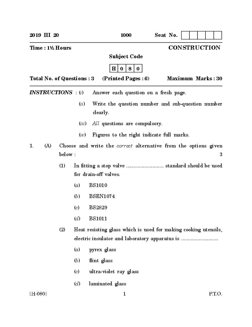 Goa Board Class 12 Question Paper Mar 2019 Construction - Page 1