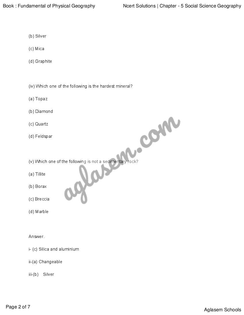 NCERT Solutions For Class 11 Geography Chapter Minerals And Rocks (PDF)