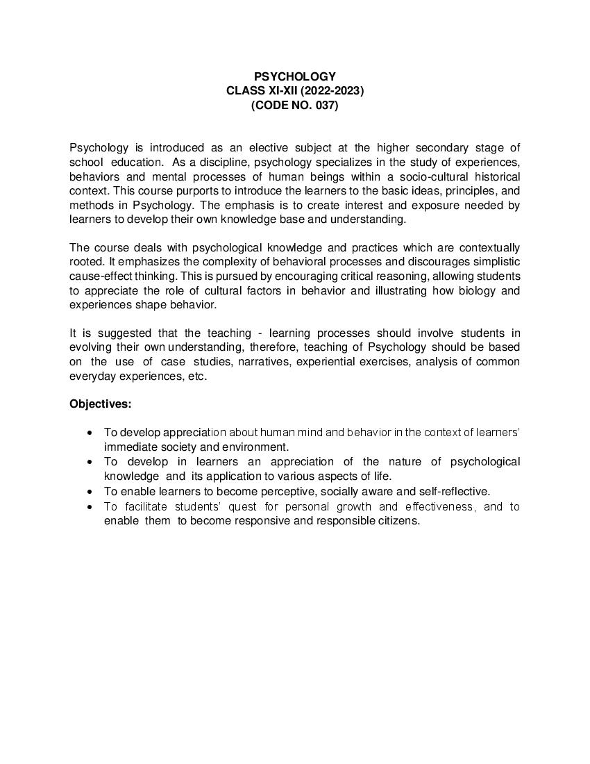 CBSE Class 11 Syllabus 2022-23 Psychology - Page 1 of 6