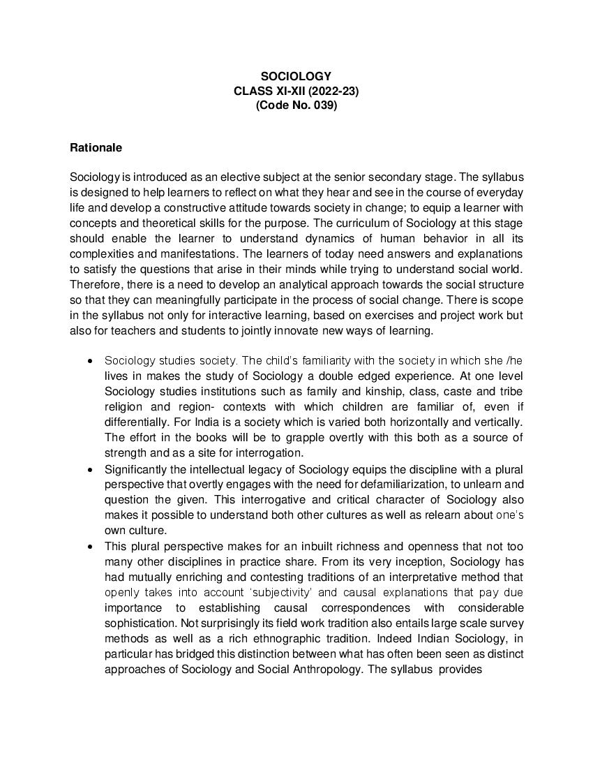 CBSE Class 11 Syllabus 2022-23 Sociology - Page 1