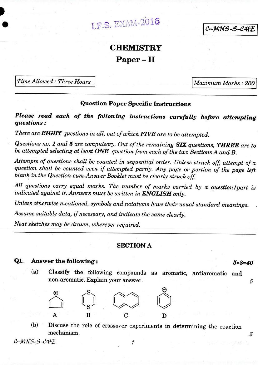 UPSC IFS 2016 Question Paper for Chemistry Paper-II - Page 1