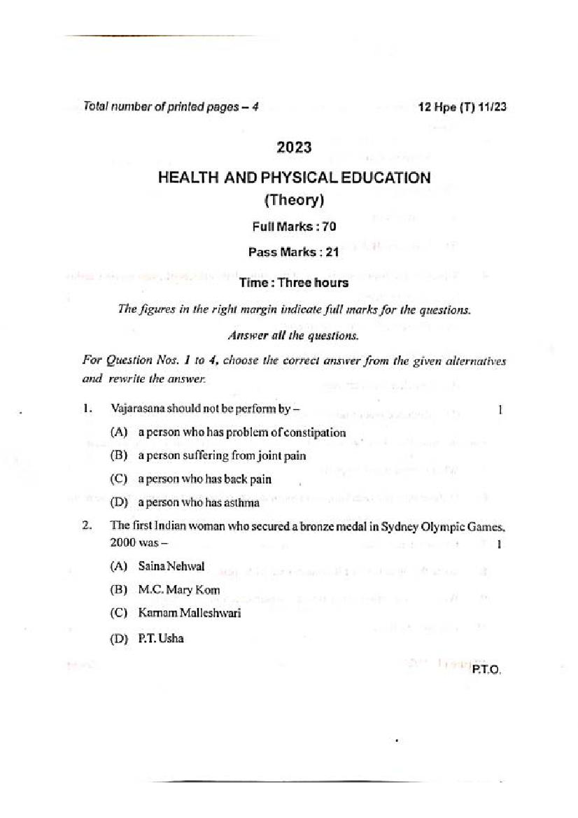Manipur Board Class 12 Question Paper 2023 for Health and Physical Education - Page 1