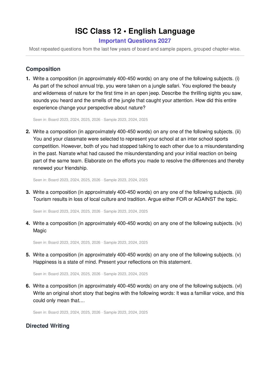 ISC Class 12 Important Questions 2027 English Language - Page 1 of 4