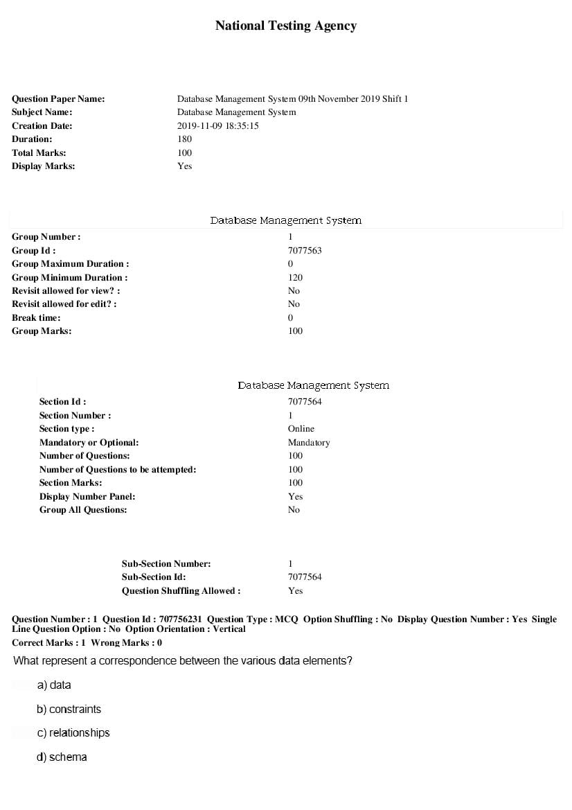 SWAYAM 2019 Question Paper Database Management System Shift 1 - Page 1 of 21