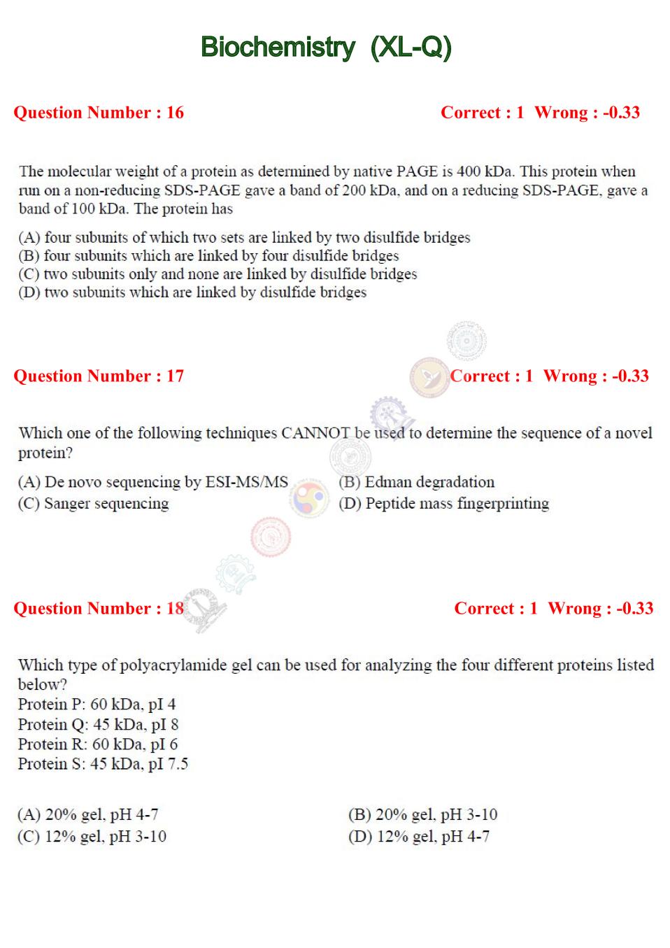 GATE 2017 Biochemistry (XL-Q) Question Paper with Answer - Page 1