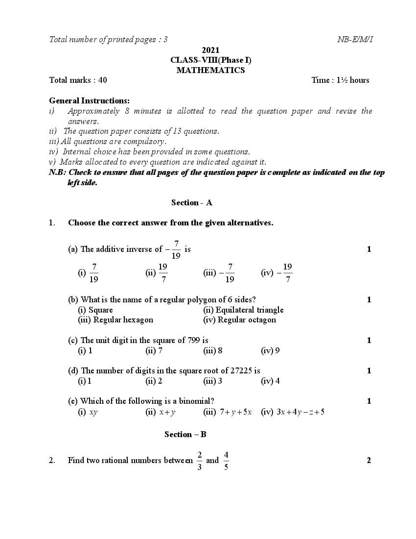 NBSE Class 8 Question Paper 2021 Maths - Page 1