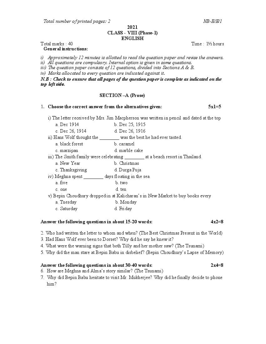 NBSE Class 8 Question Paper 2021 English - Page 1