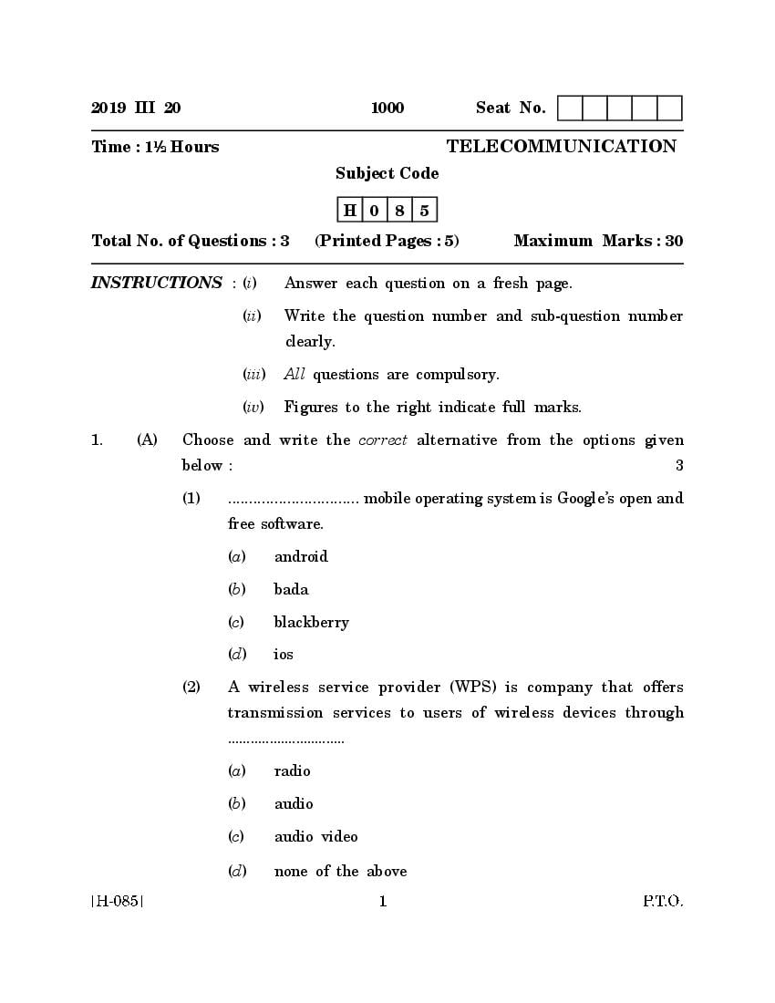 Goa Board Class 12 Question Paper Mar 2019 Telecommunication - Page 1