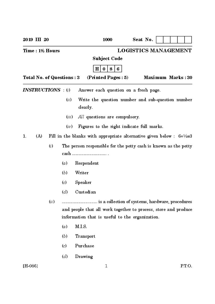 Goa Board Class 12 Question Paper Mar 2019 Logistics Management - Page 1