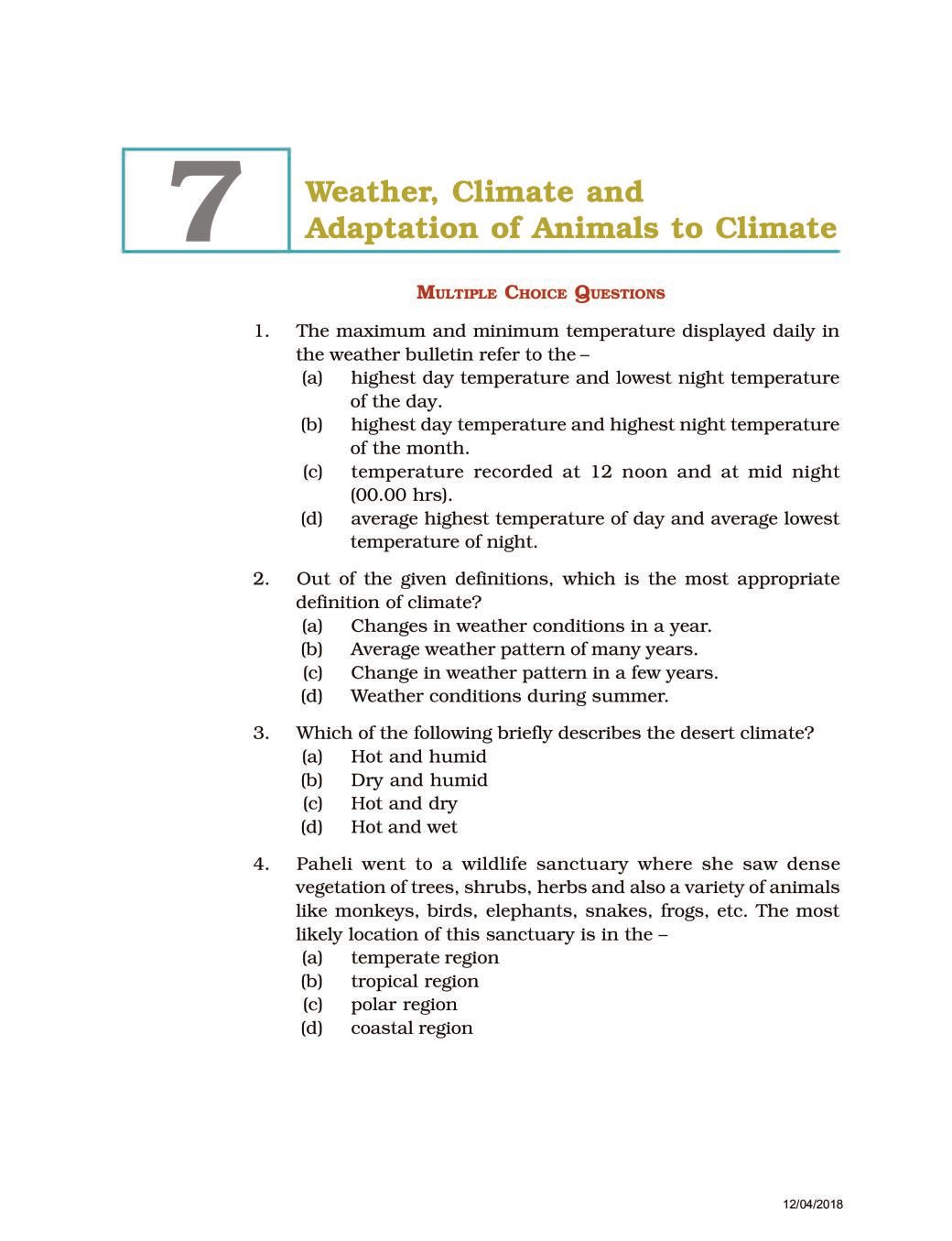 NCERT Exemplar Class 07 Science Unit 7 Weather, Climate and Adaptation of  Animals to Climate