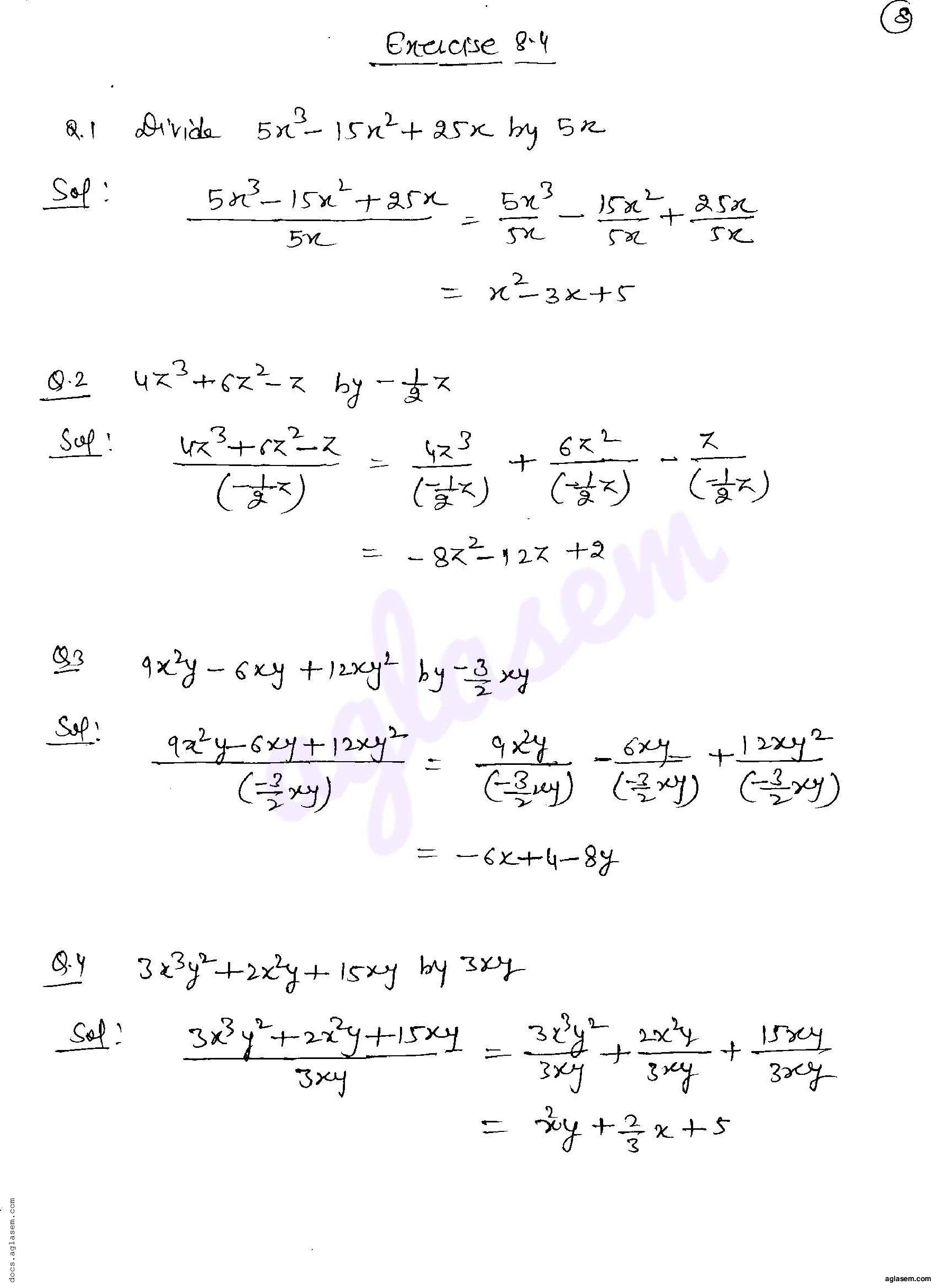 RD Sharma Solutions Class 8 Chapter 8 Division of Algebraic Expressions Exercise 8.4 - Page 1