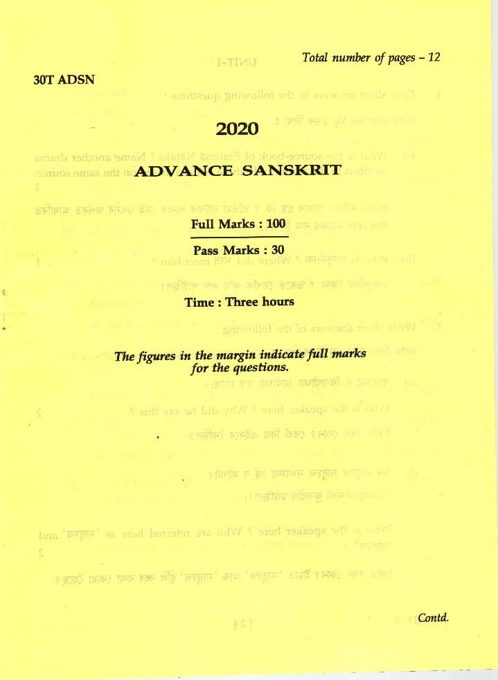 AHSEC HS 2nd Year Question Paper 2020 Advance Sanskrit - Page 1