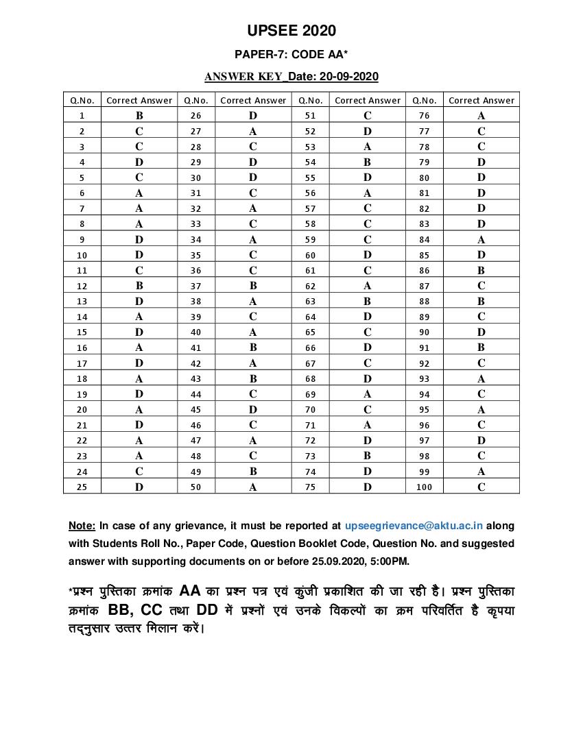 UPSEE 2020 Answer Key Paper 7 - Page 1 of 1