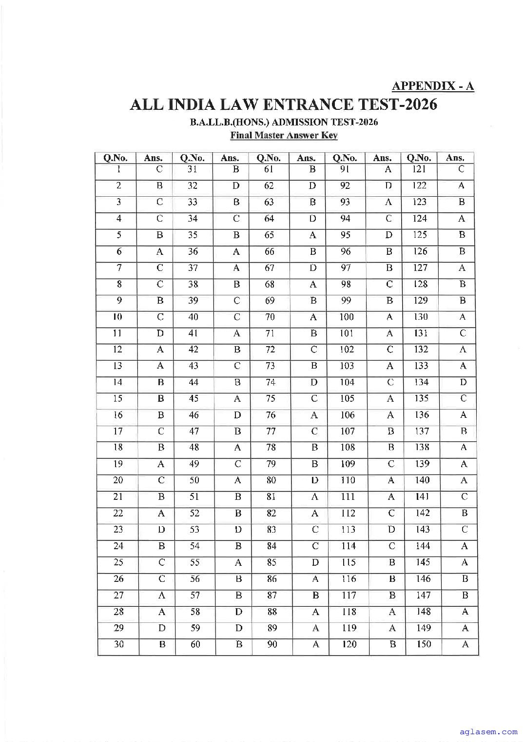 AILET 2026 Answer Key - Page 1 of 2