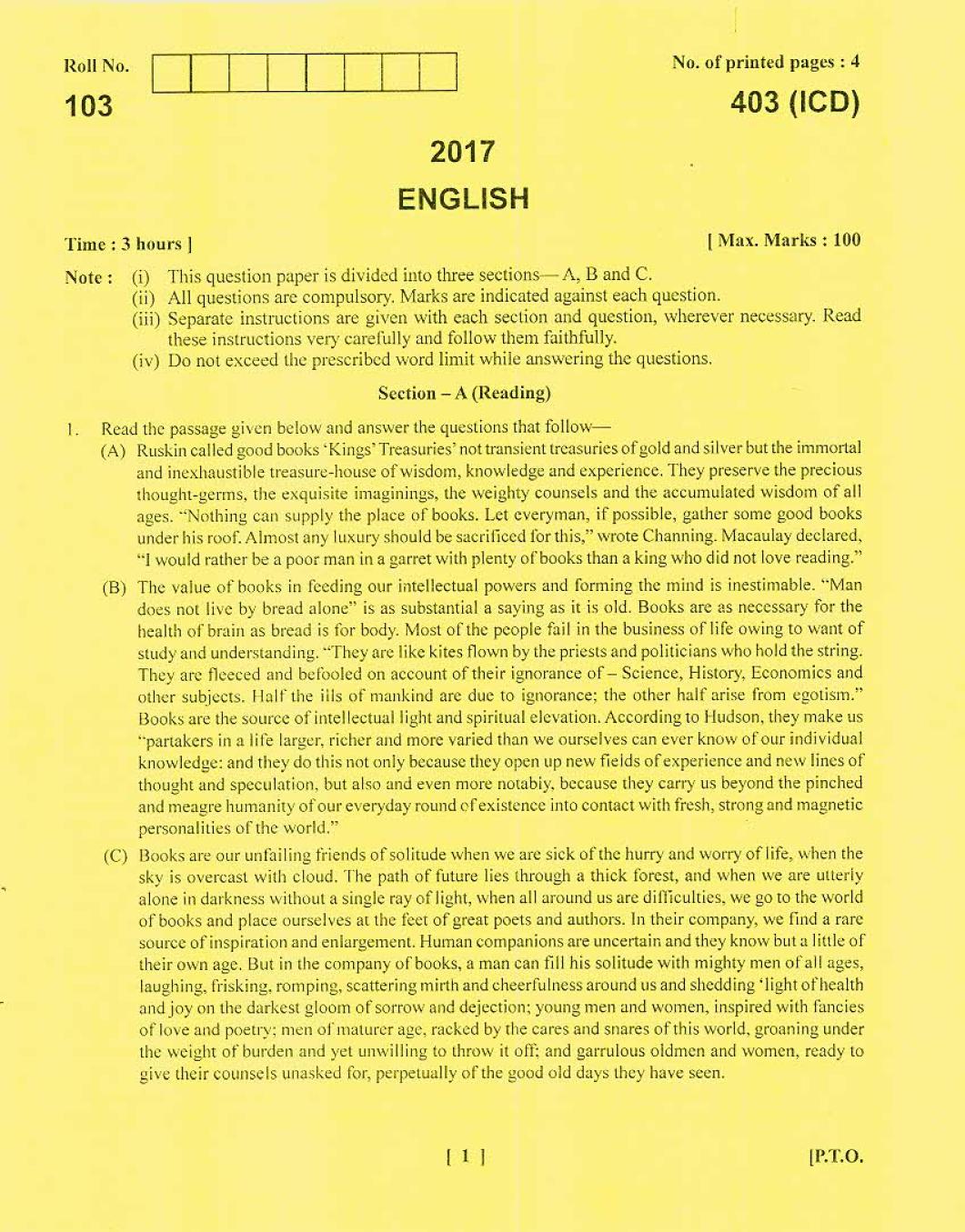 Uttarakhand Board Class 12 Question Paper 2017 for English - Page 1