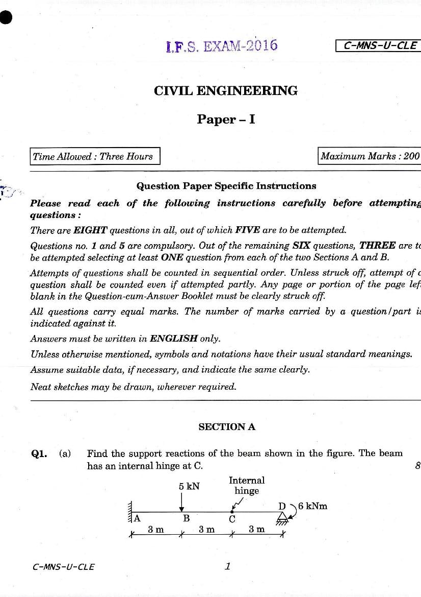 UPSC IFS 2016 Question Paper for Civil Engineering Paper-I - Page 1