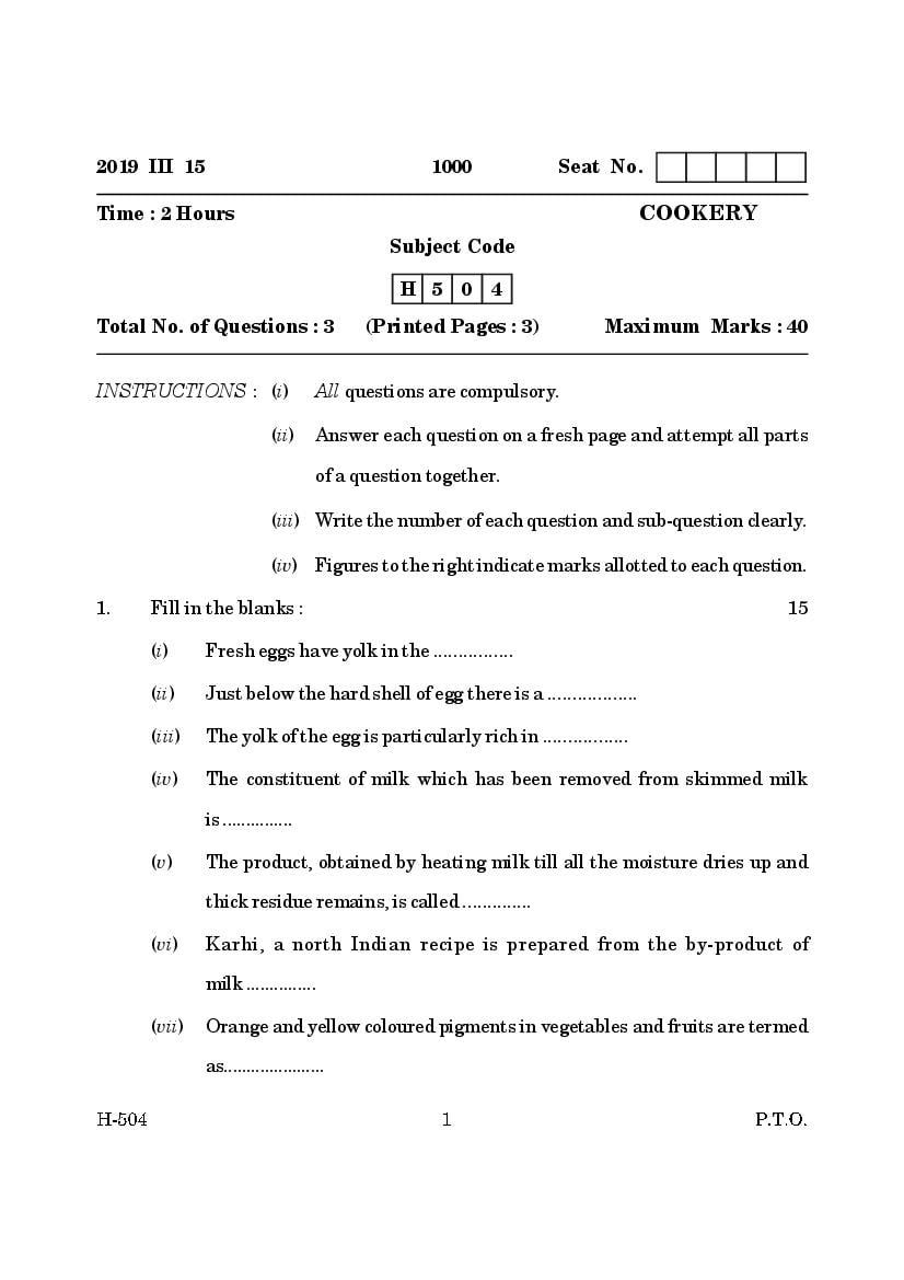 Goa Board Class 12 Question Paper Mar 2019 Cookery - Page 1