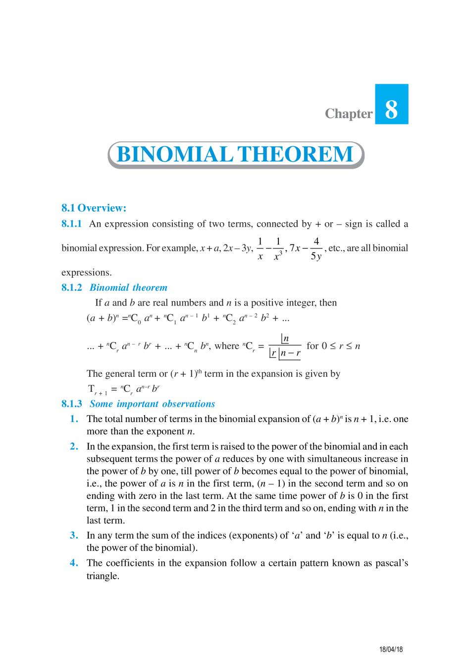 NCERT Exemplar Class 11 Maths Unit 8 Binomial Theorem - Page 1