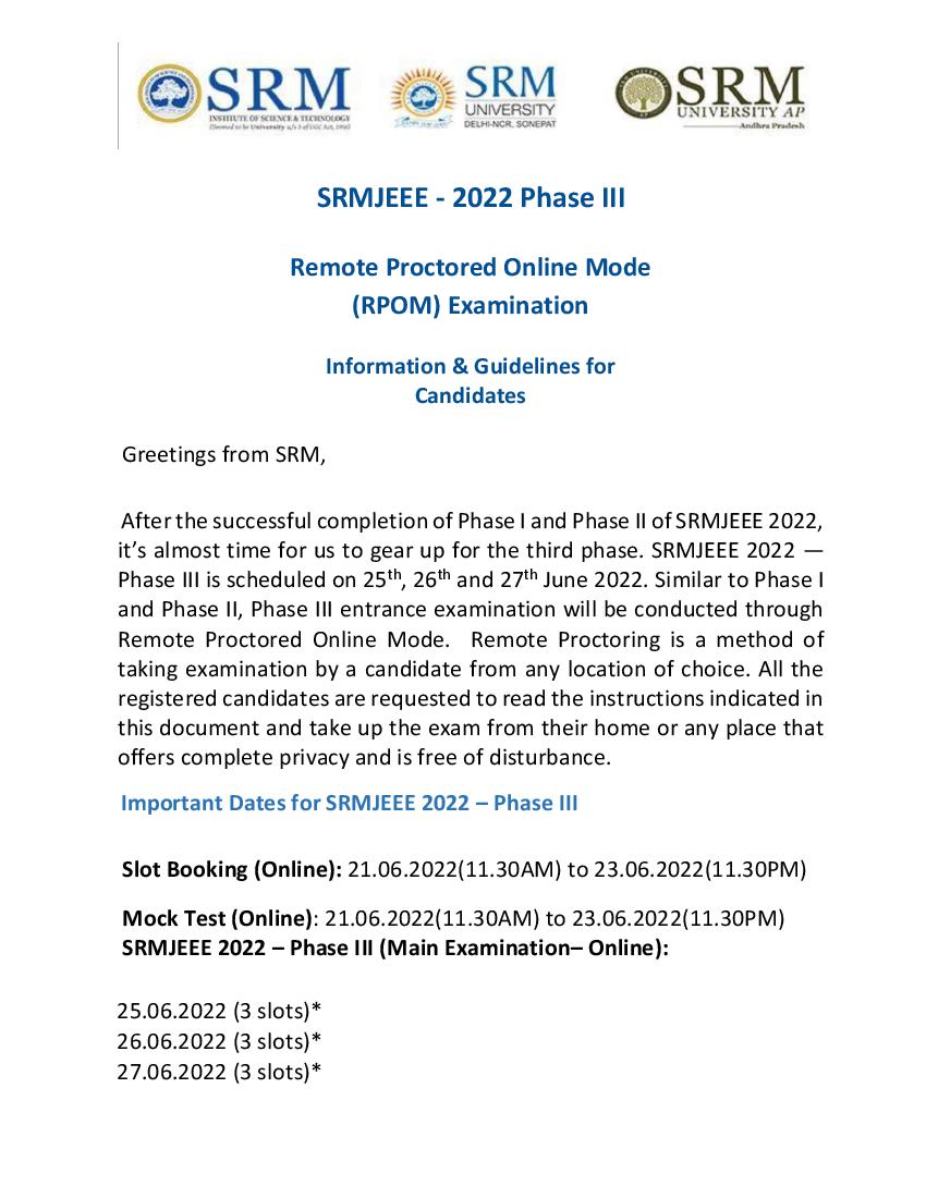 SRMJEEE 2022 Phase 3 Instructions - Page 1