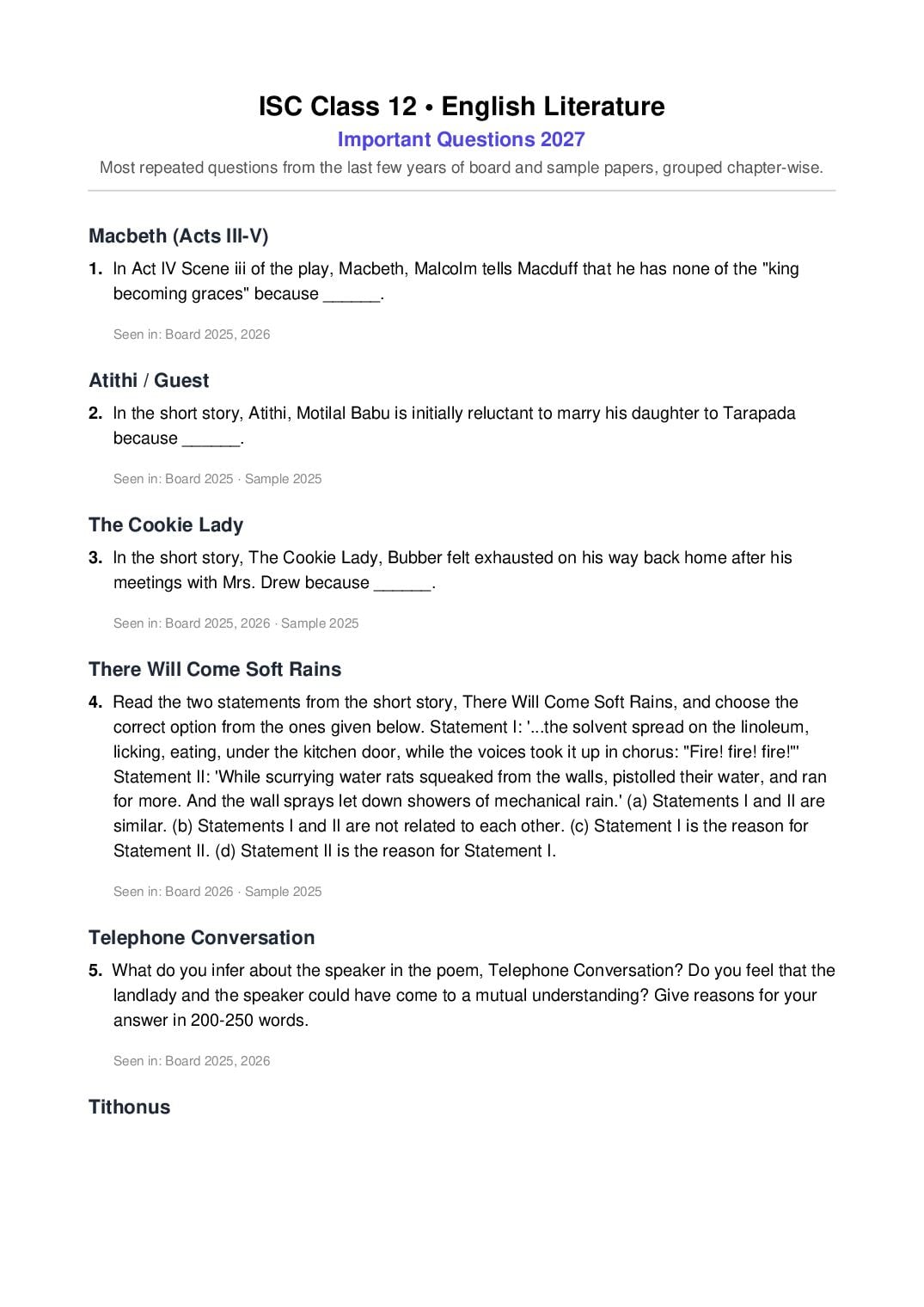ISC Class 12 Important Questions 2027 English Literature - Page 1 of 2