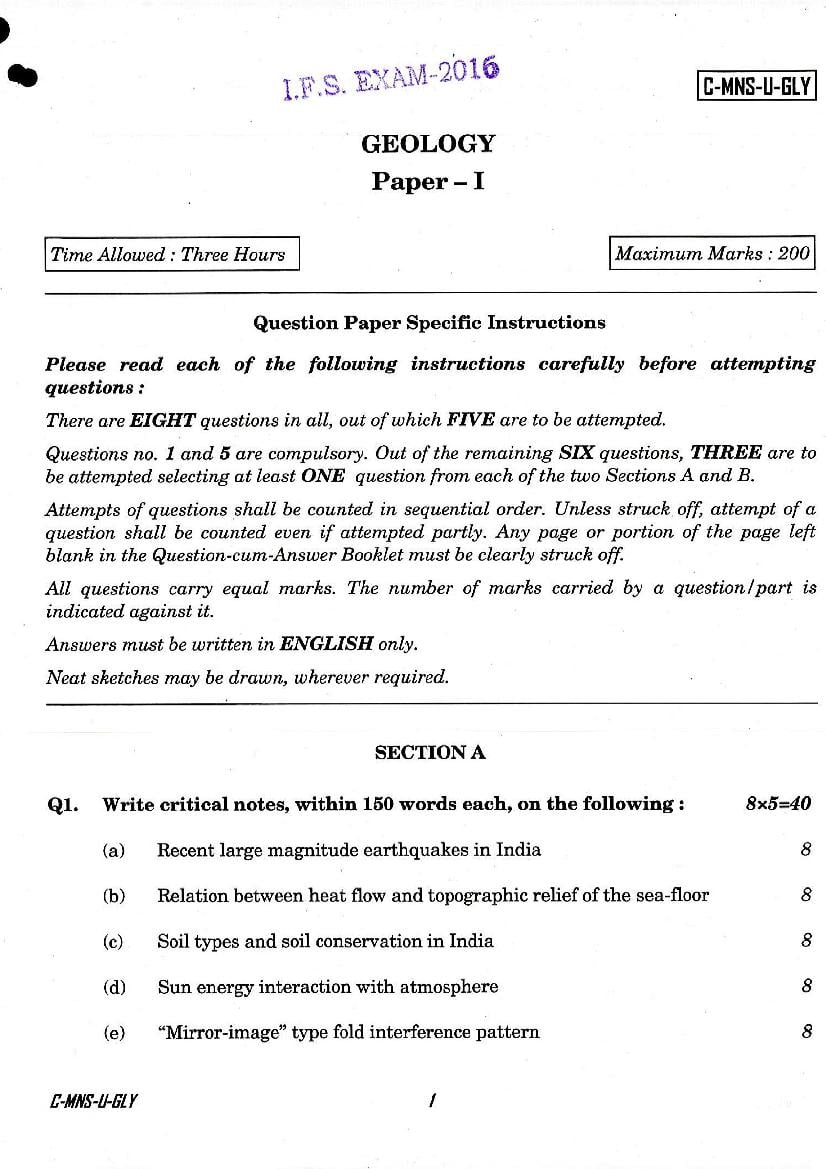 UPSC IFS 2016 Question Paper for Geology Paper-I - Page 1