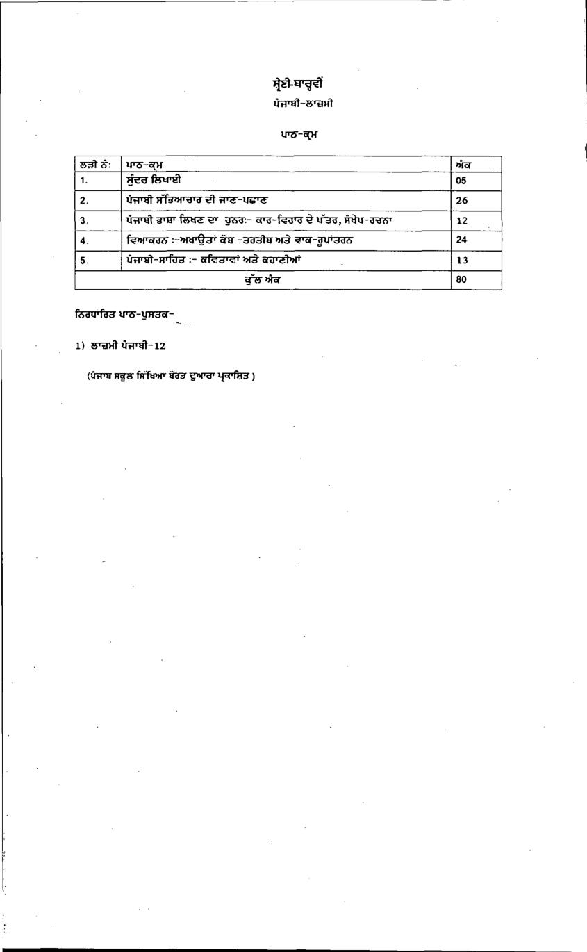 PSEB Syllabus 2021-22 for Class 12 Punjabi Compulsory - Page 1