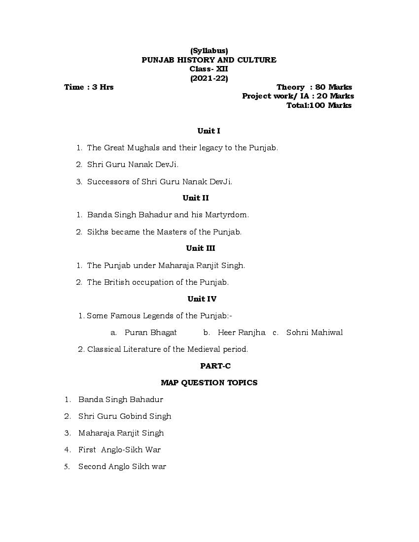 PSEB Syllabus 2021-22 for Class 12 Punjab History & Culture - Page 1