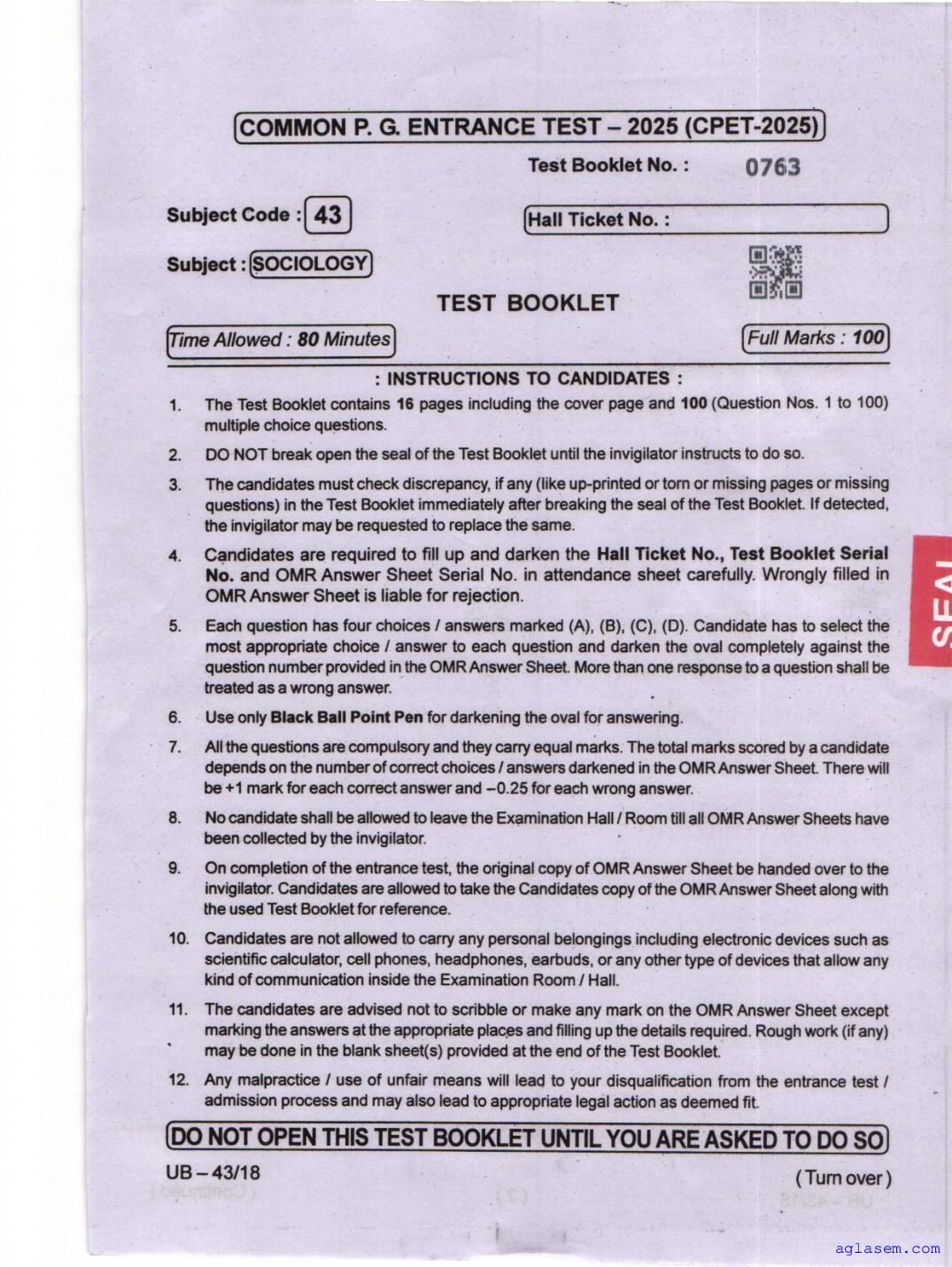 Odisha CPET 2025 Question Paper Sociology - Page 1 of 16