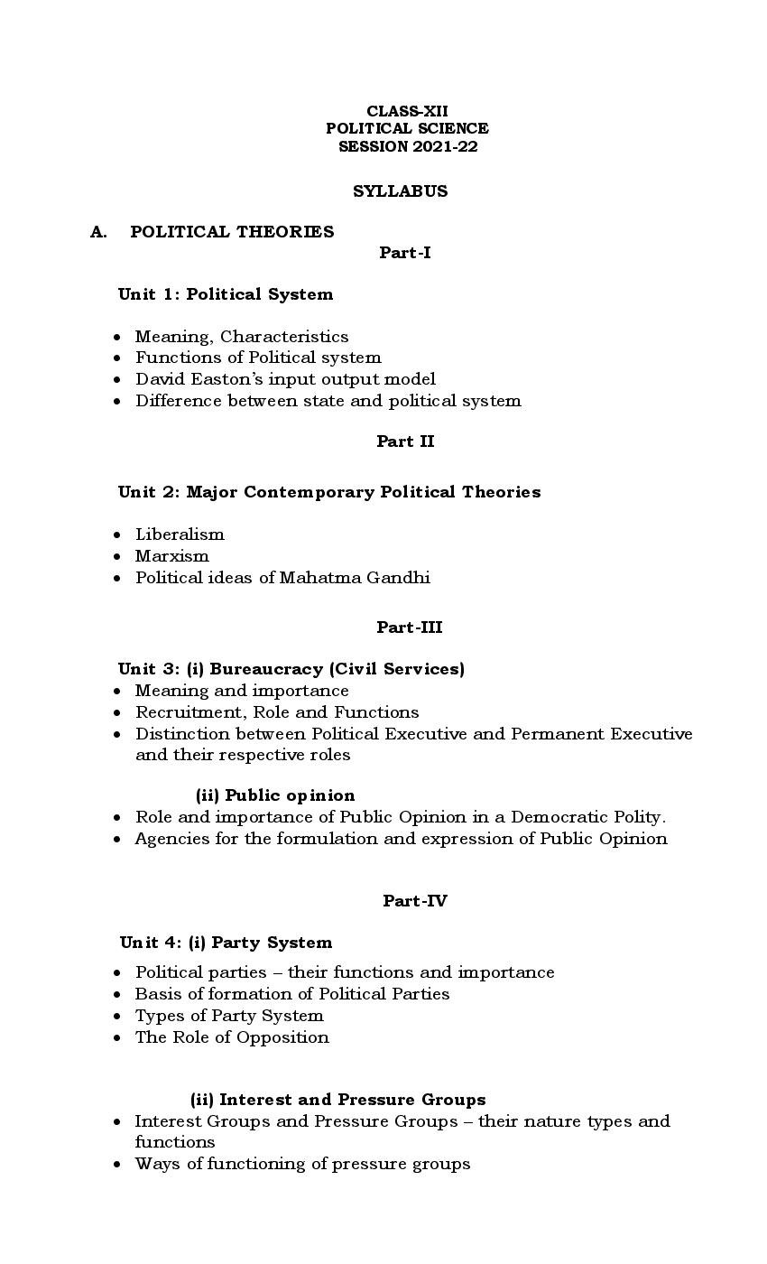 PSEB Syllabus 2021-22 for Class 12 Political Science - Page 1