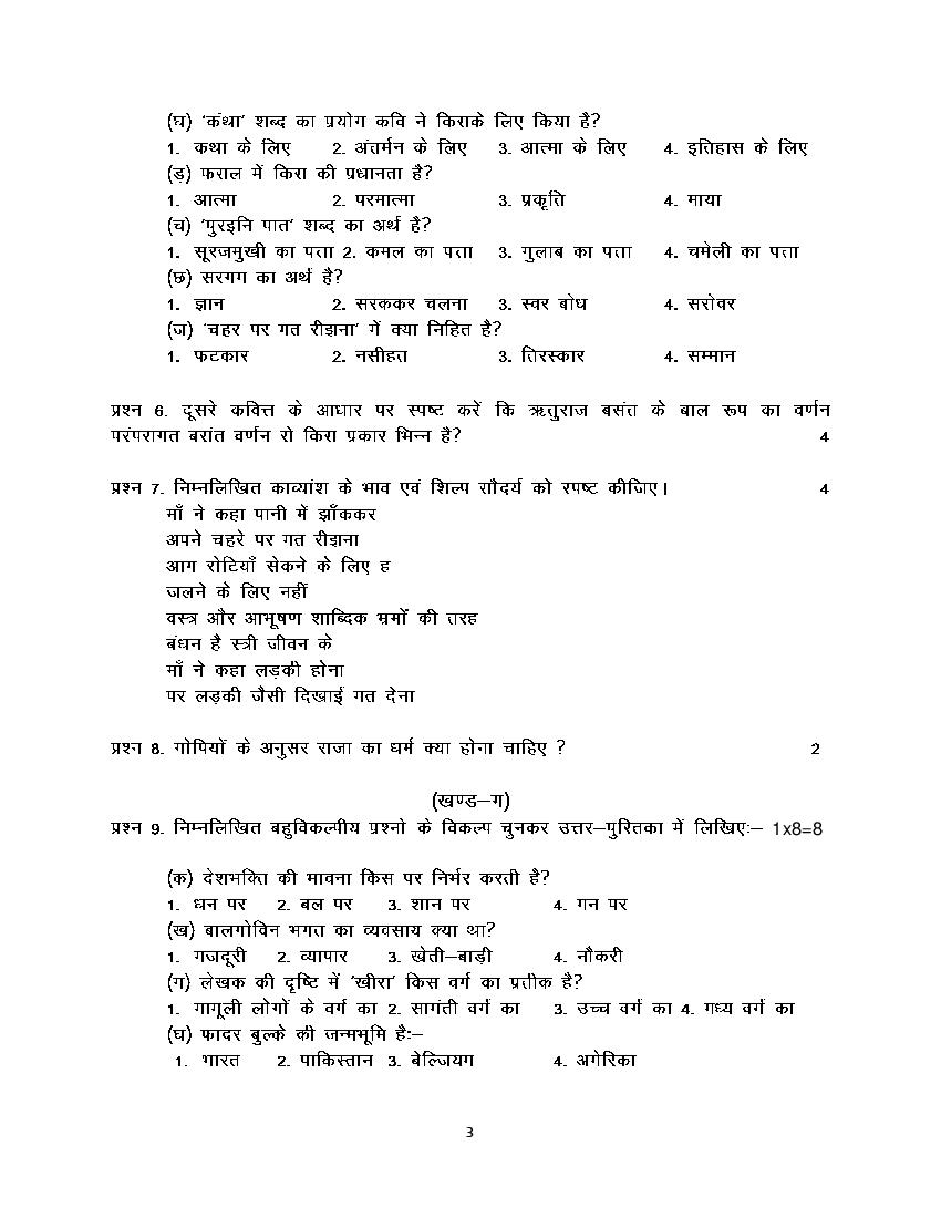 Hbse Class Hindi Sample Paper Pdf Hbse Th Model Paper For