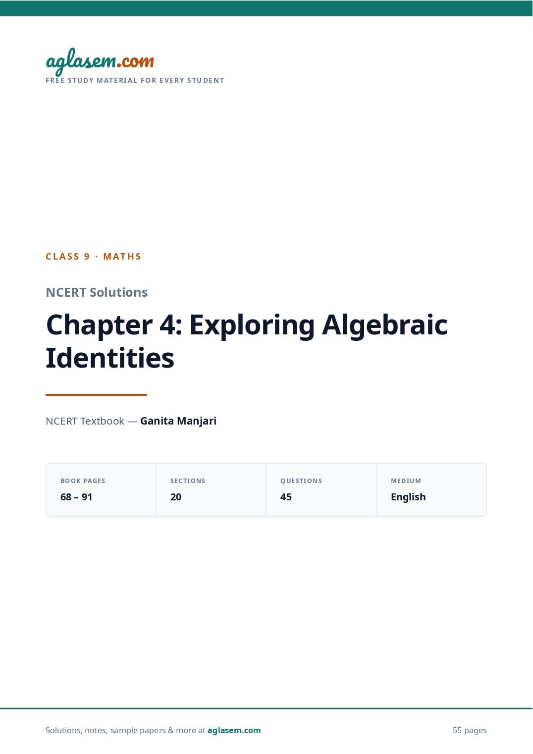 NCERT Solutions Class 9 Maths Chapter 4 Exploring Algebraic Identities - Page 1 of 56