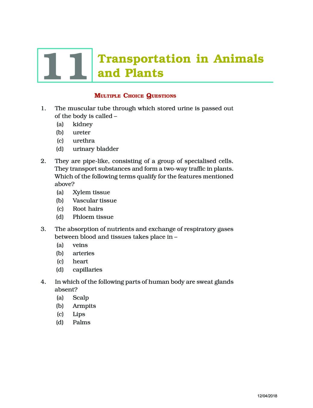 NCERT Exemplar Class 07 Science Unit 11 Transportation in Animals and Plants