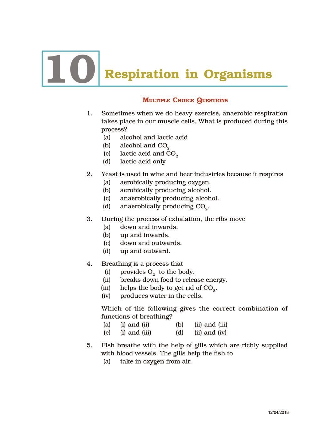 NCERT Exemplar Class 07 Science Unit 10 Respiration in Organisms - Page 1