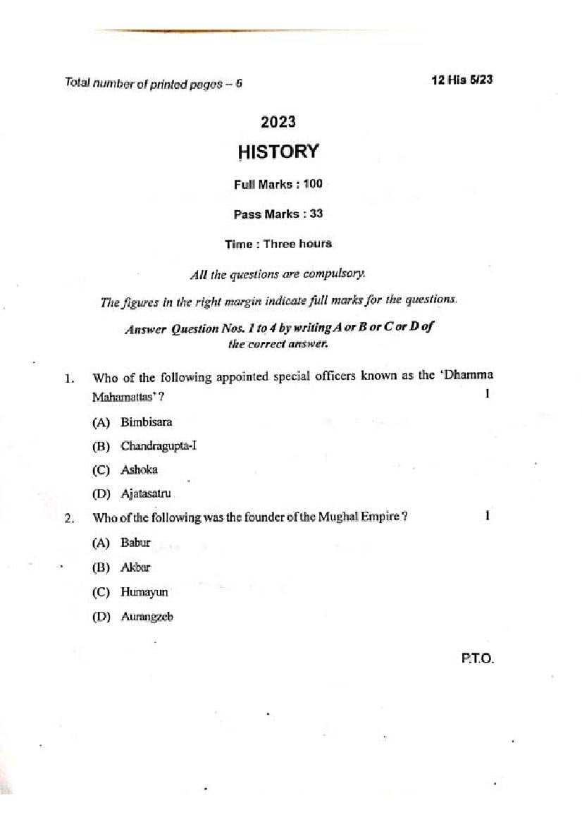 Manipur Board Class 12 Question Paper 2023 for History - Page 1