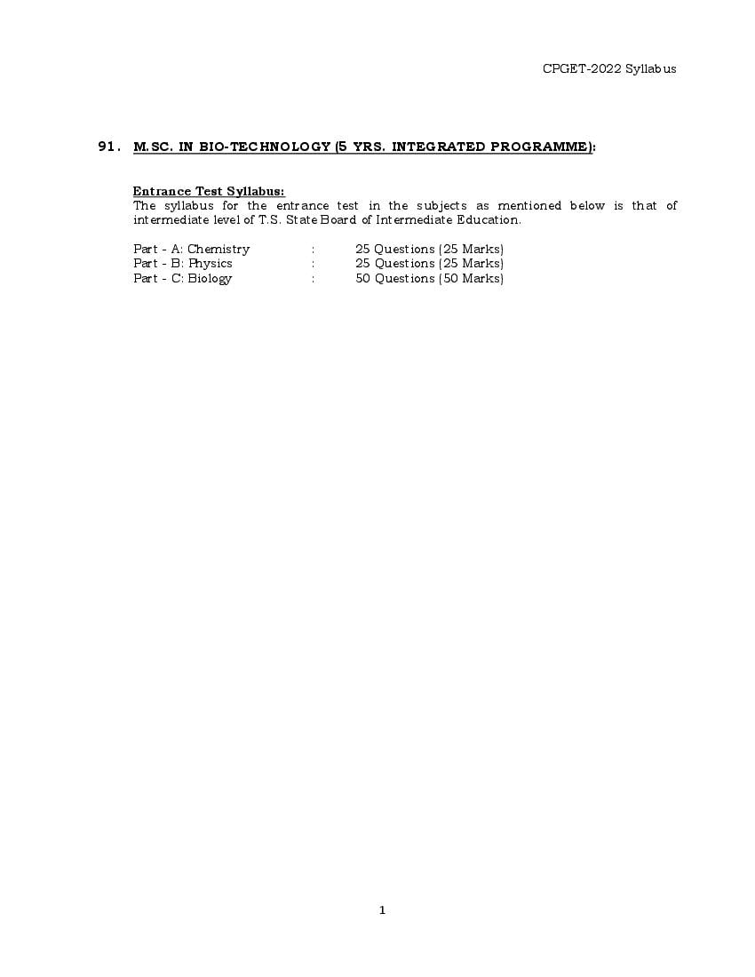 TS CPGET 2022 Syllabus Biotechnology (5 Years Integrated) - Page 1
