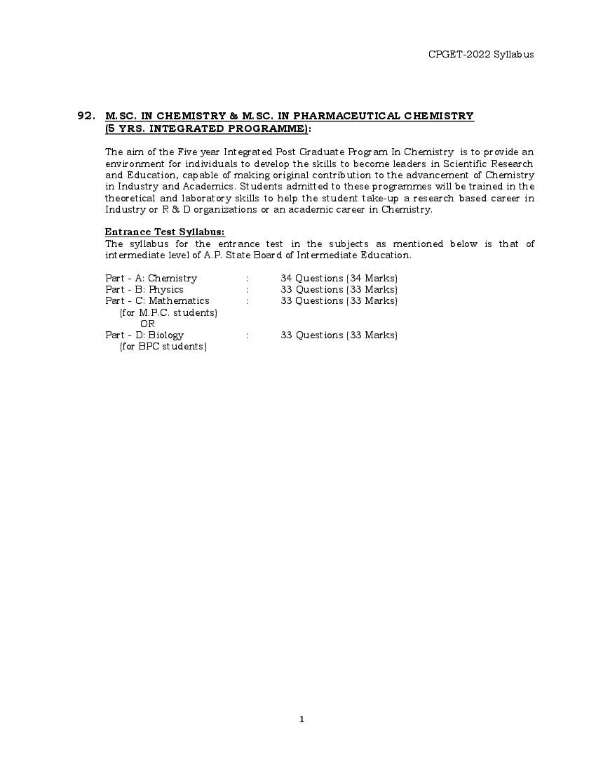 TS CPGET 2022 Syllabus Chemistry (5 Years Integrated) - Page 1