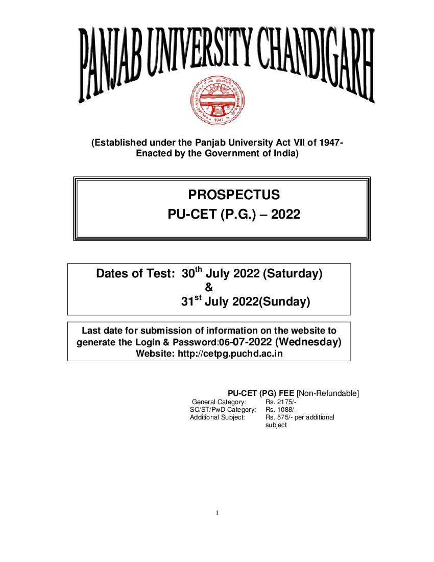 PU CET PG 2022 Prospectus Revised - Page 1
