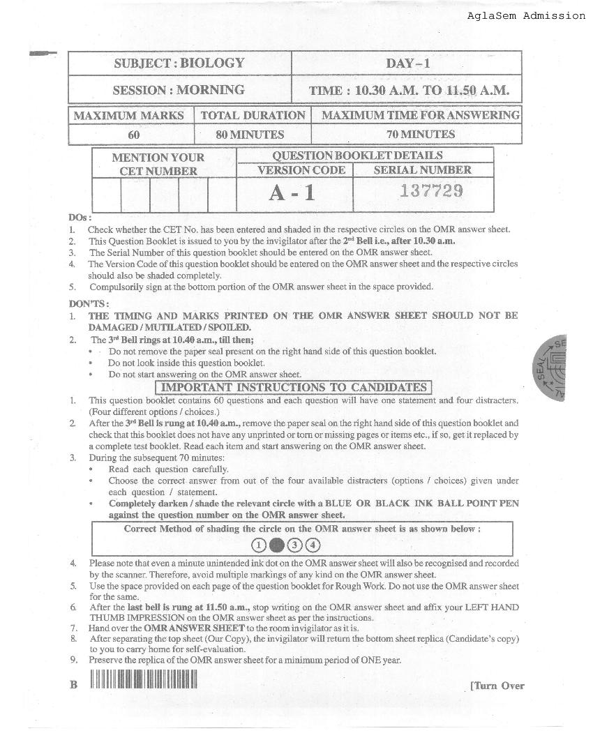 KCET 2015 Question Paper Biology - Page 1