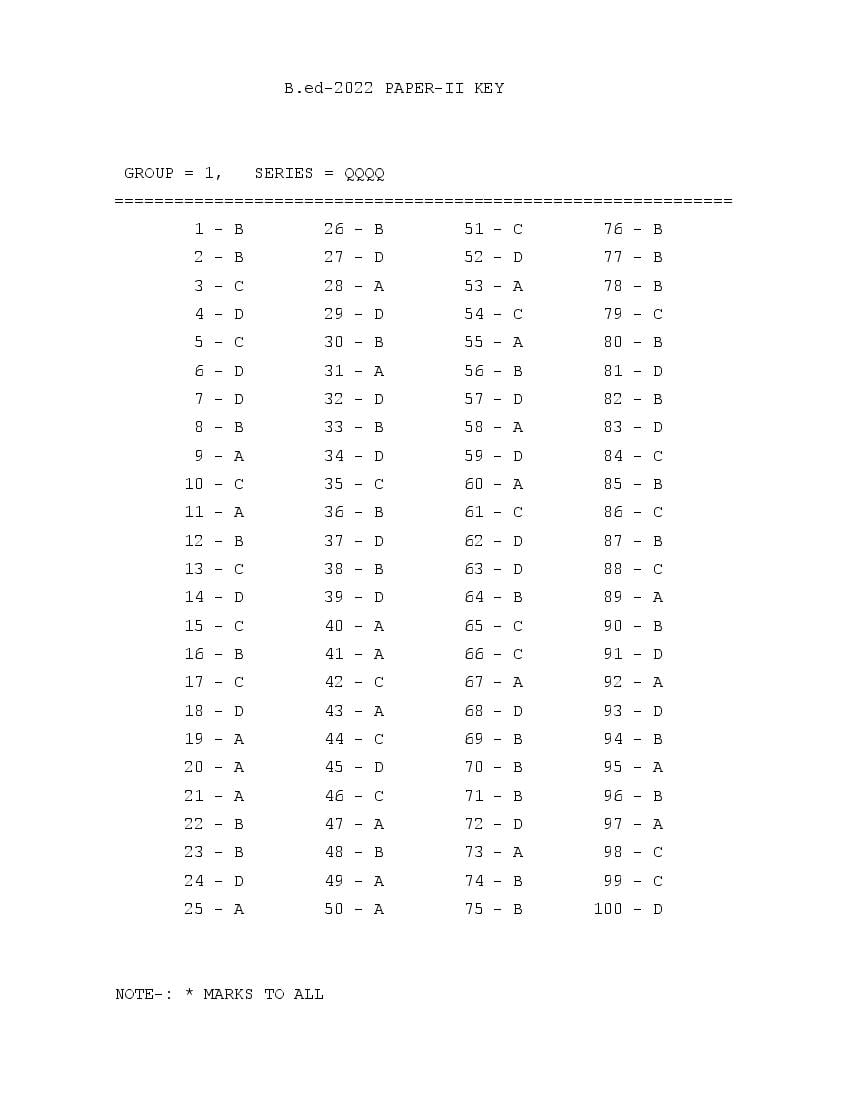 UP B.Ed 2022 Final Answer Key for Paper-2 - Page 1