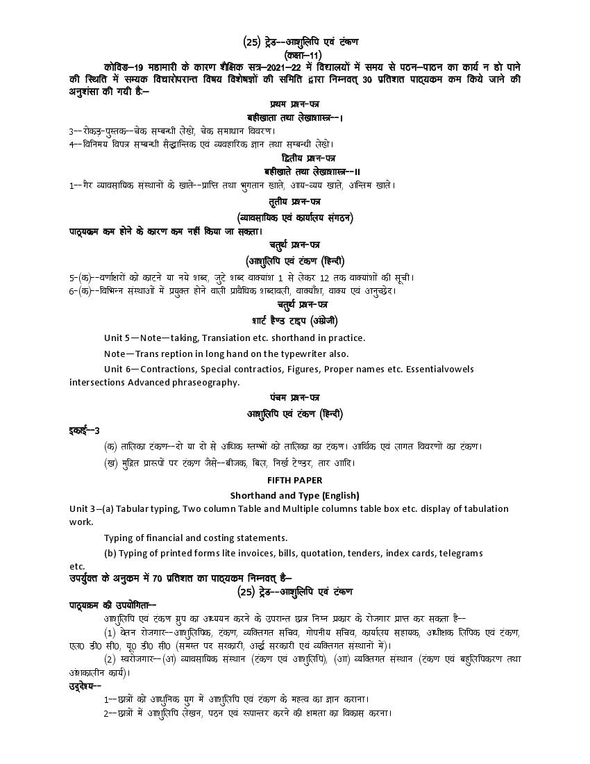 UP Board Class 11 Syllabus 2022 Trade Shorthand and Typewriting Hindi - Page 1
