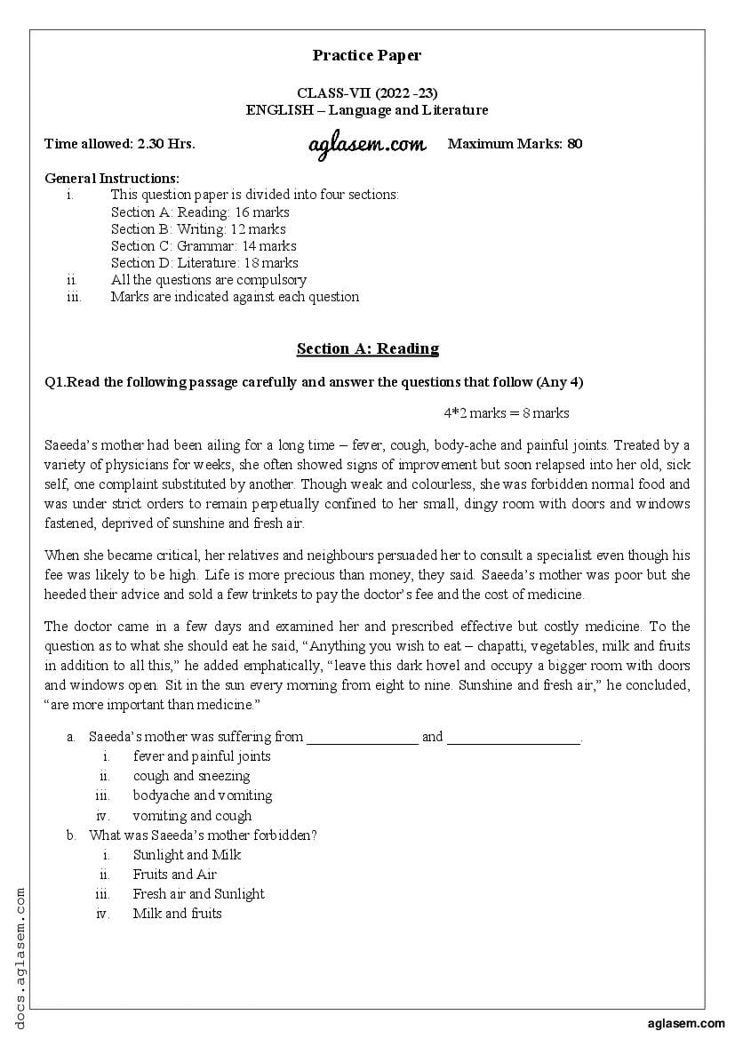 Class 7 Sample Paper 2023 English (Mid Term) - Page 1
