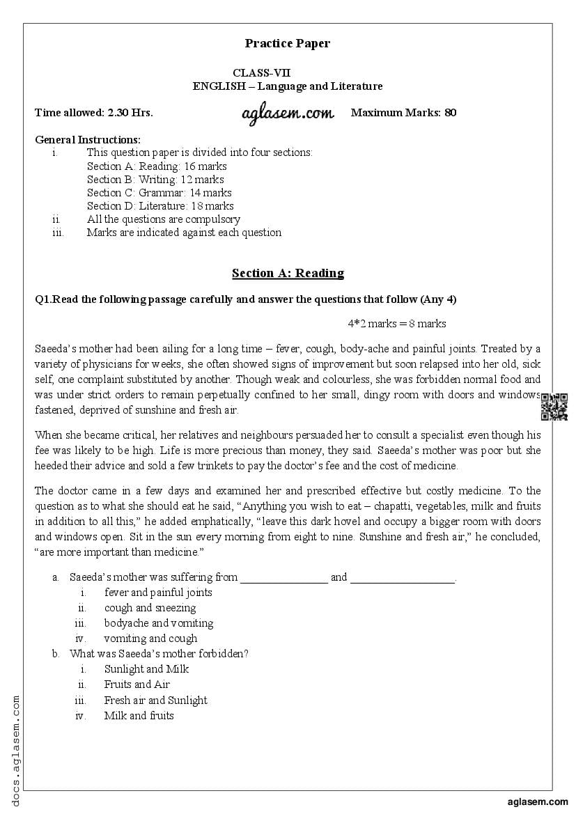 Class 7 English Mid Term Sample Paper 2023 Download Term 1 Practice 