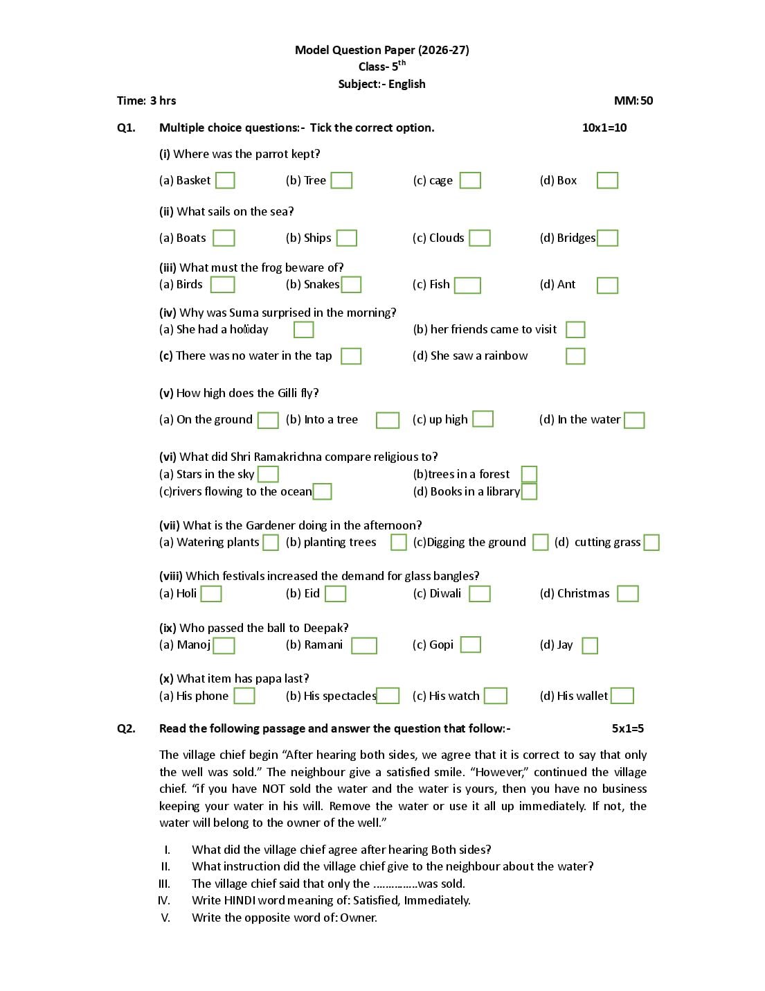 HP Board 5th Class Model Question Paper 2027 English - Page 1 of 4