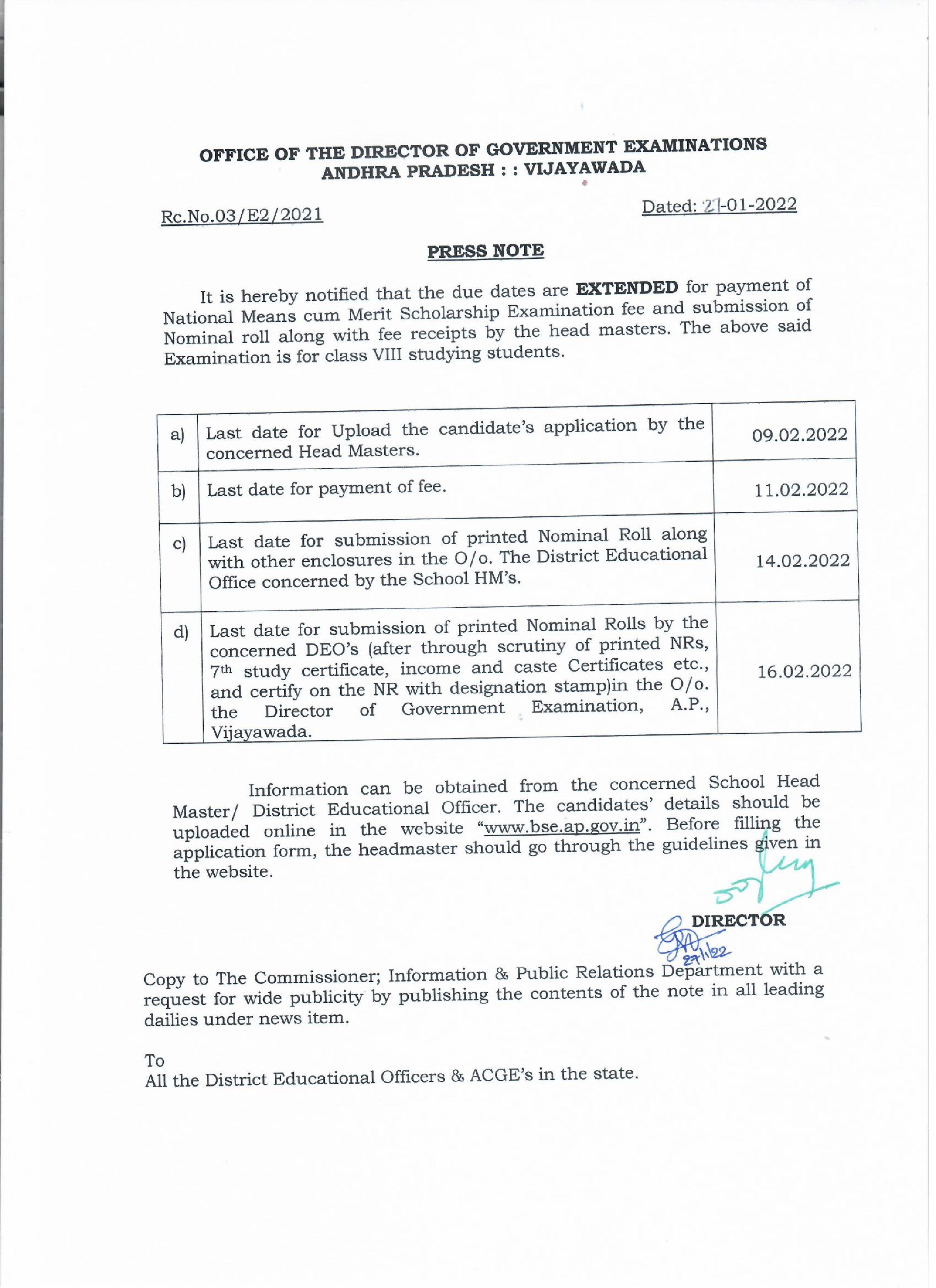 Andhra Pradesh NMMS 2021-2022 Application Fee Payment Deadline Extended - Page 1
